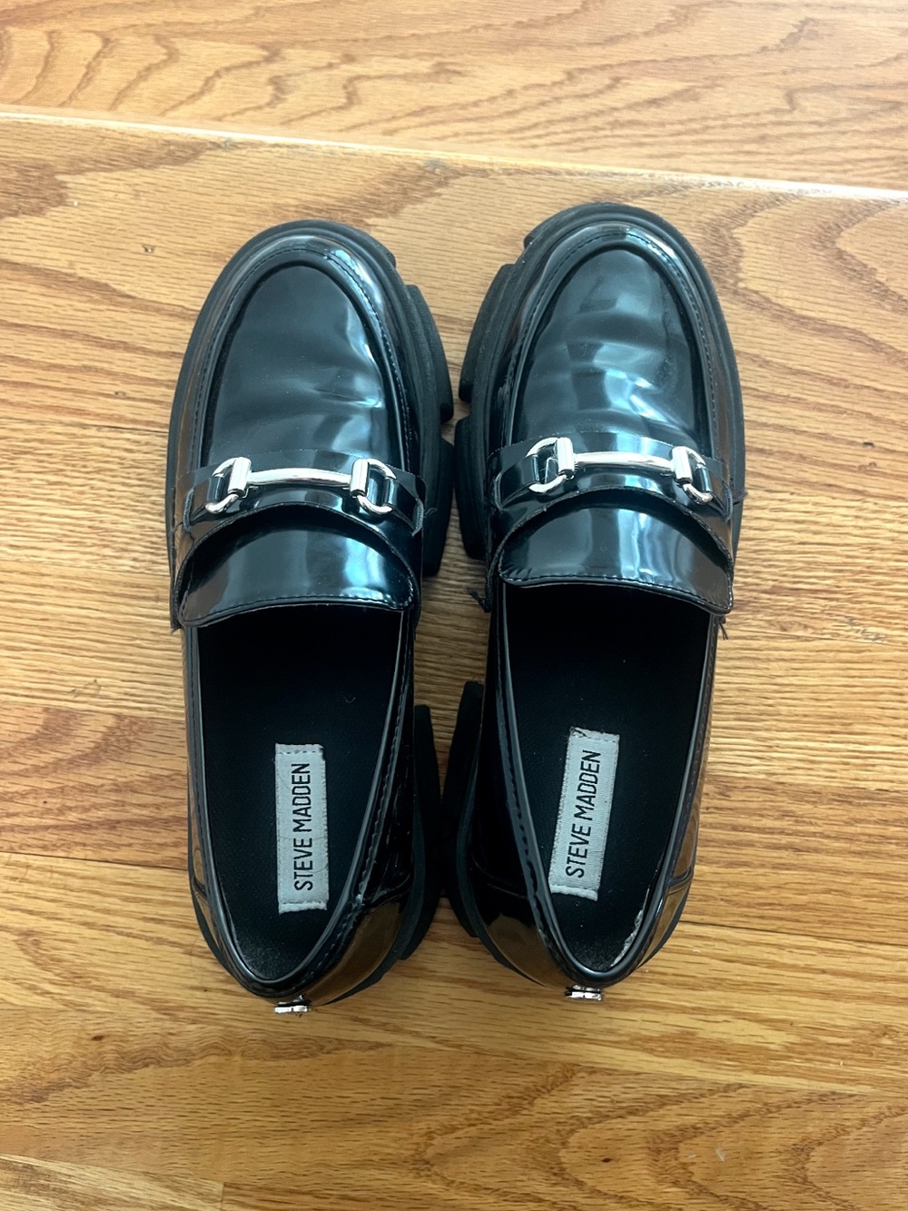 Steve Madden Woman’s Chunky Black Patent Leather Bit Loafers
